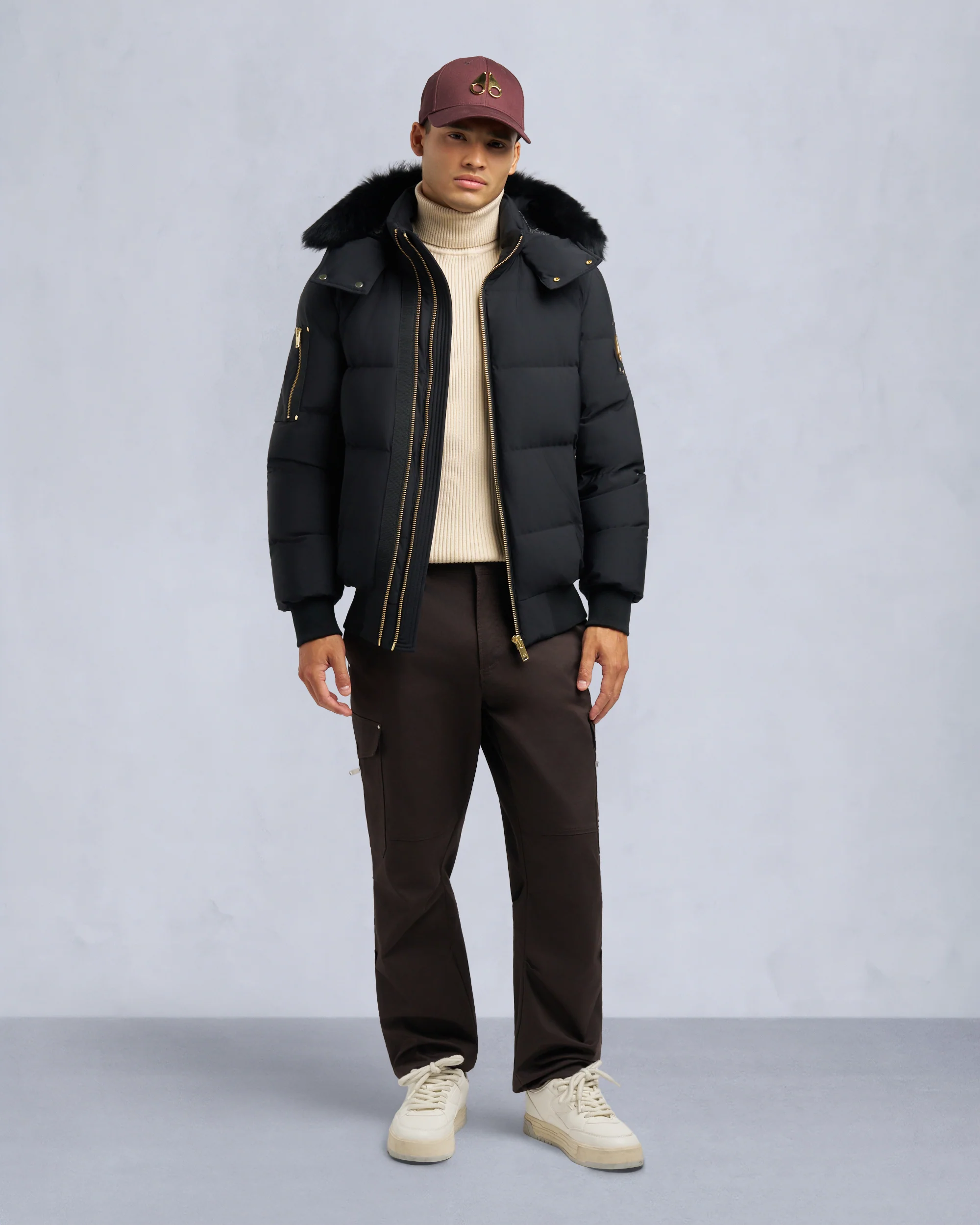 Image of GOLD SERIES STAGG SHEARLING TRIM BOMBER JACKET-BLACK/BLACK