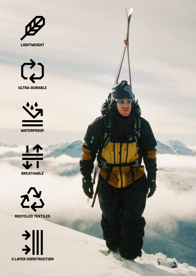 LIGHTWEIGHT, ULTRA-DURABLE, WATERPROOF, BREATHABLE, RECYCLED TEXTILES, 3 LAYER CONSTRUCTION
