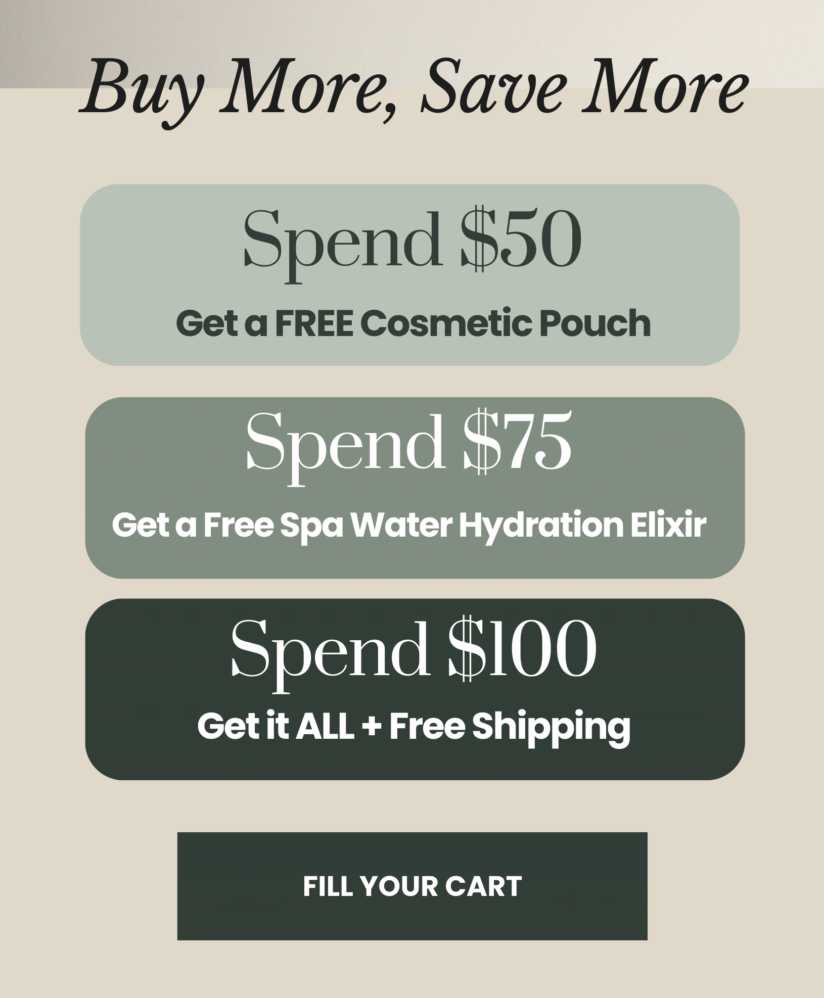 Buy More, Save More! Spend $50 get a free cosmetic pouch, spend $75 get a free spa water hydration elixir, spend $100 get it all + free shipping!