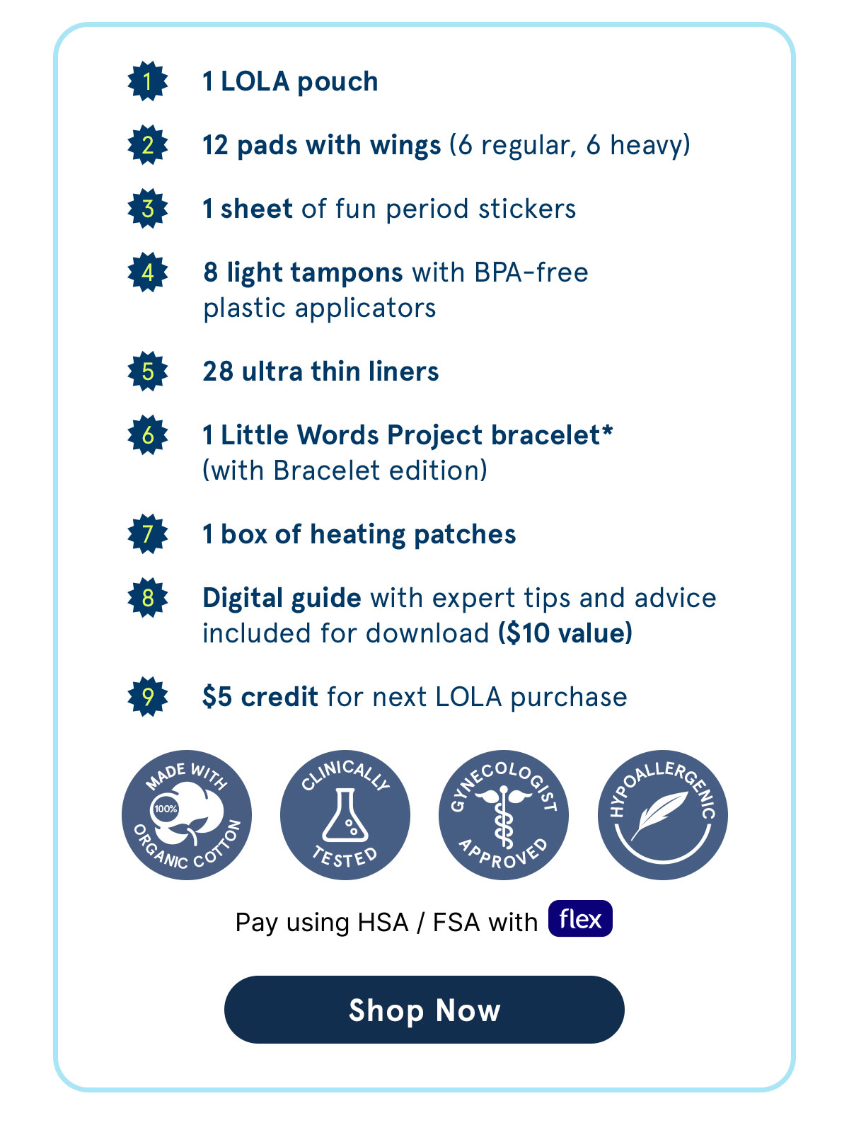 Items in the period kit listed out