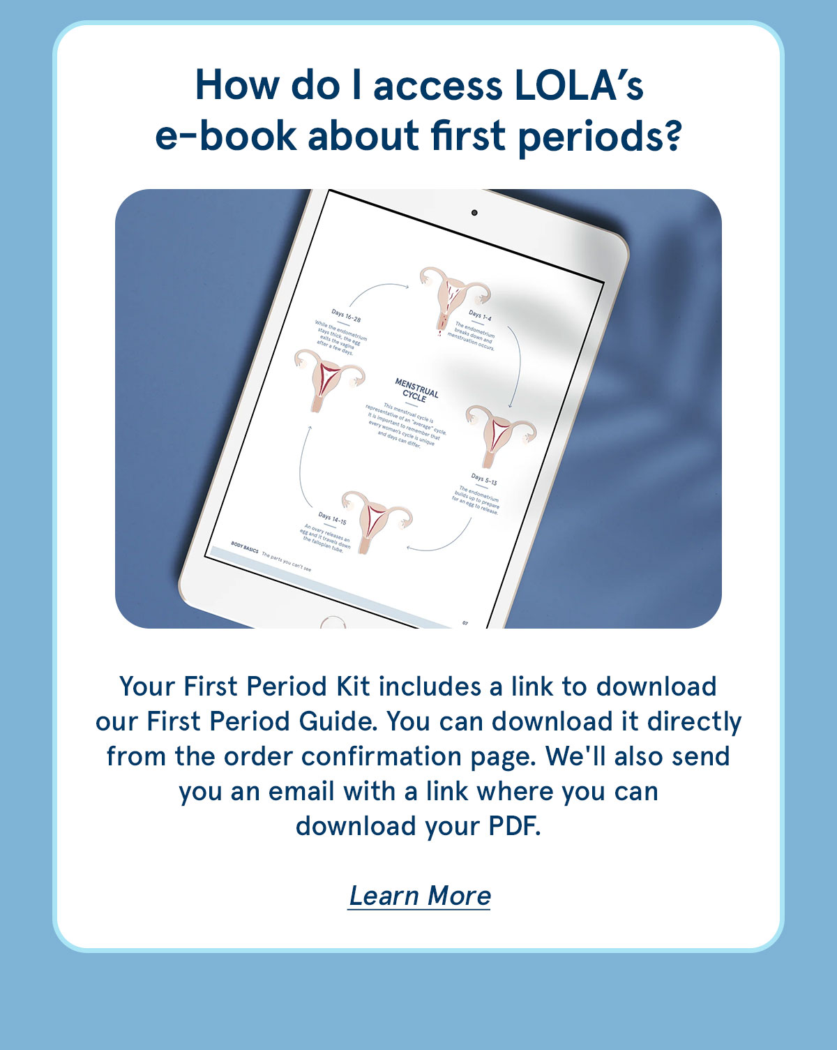 How do I access LOLA's e-book about first periods?
