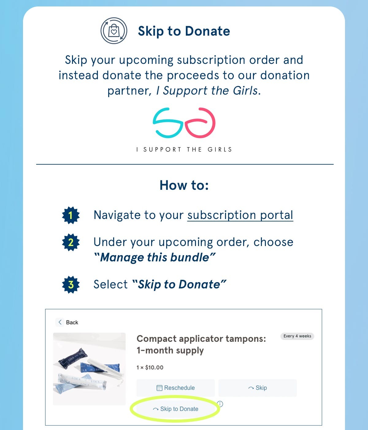 Skip to donate via your subscription portal