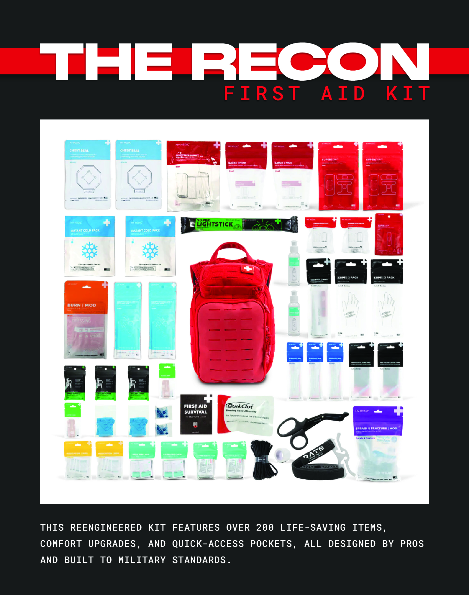 The Recon First Aid kit Features all the essential life-saving items