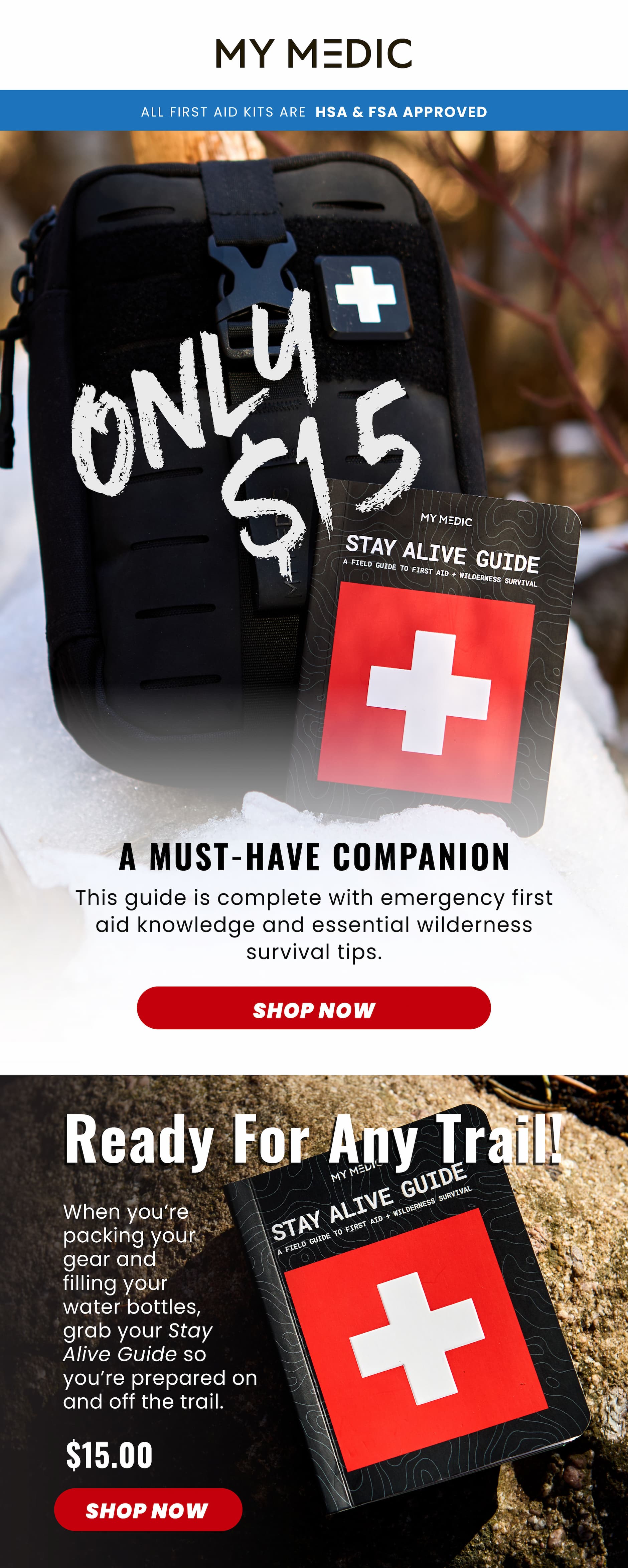 My Medic Stay Alive Guide pocket survival booklet displayed next to a black first aid kit in the snow, highlighting the $15 price and essential first aid and wilderness survival knowledge.