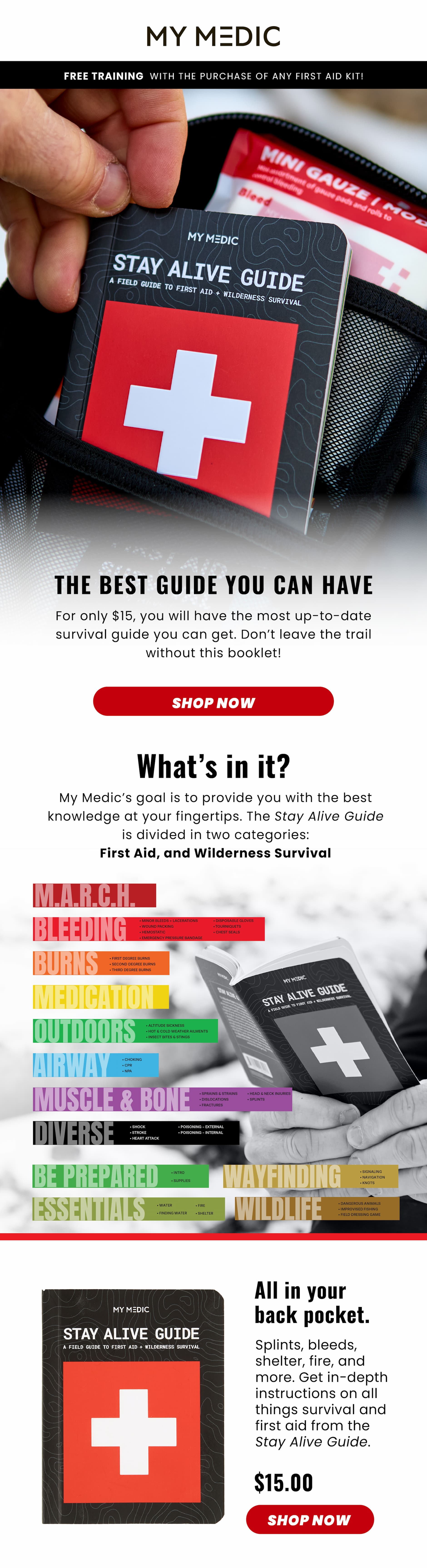 Hand placing My Medic Stay Alive Guide booklet into a first aid kit pocket, highlighting first aid and wilderness survival sections including bleeding, burns, airway, muscle & bone, wildlife, and essentials.