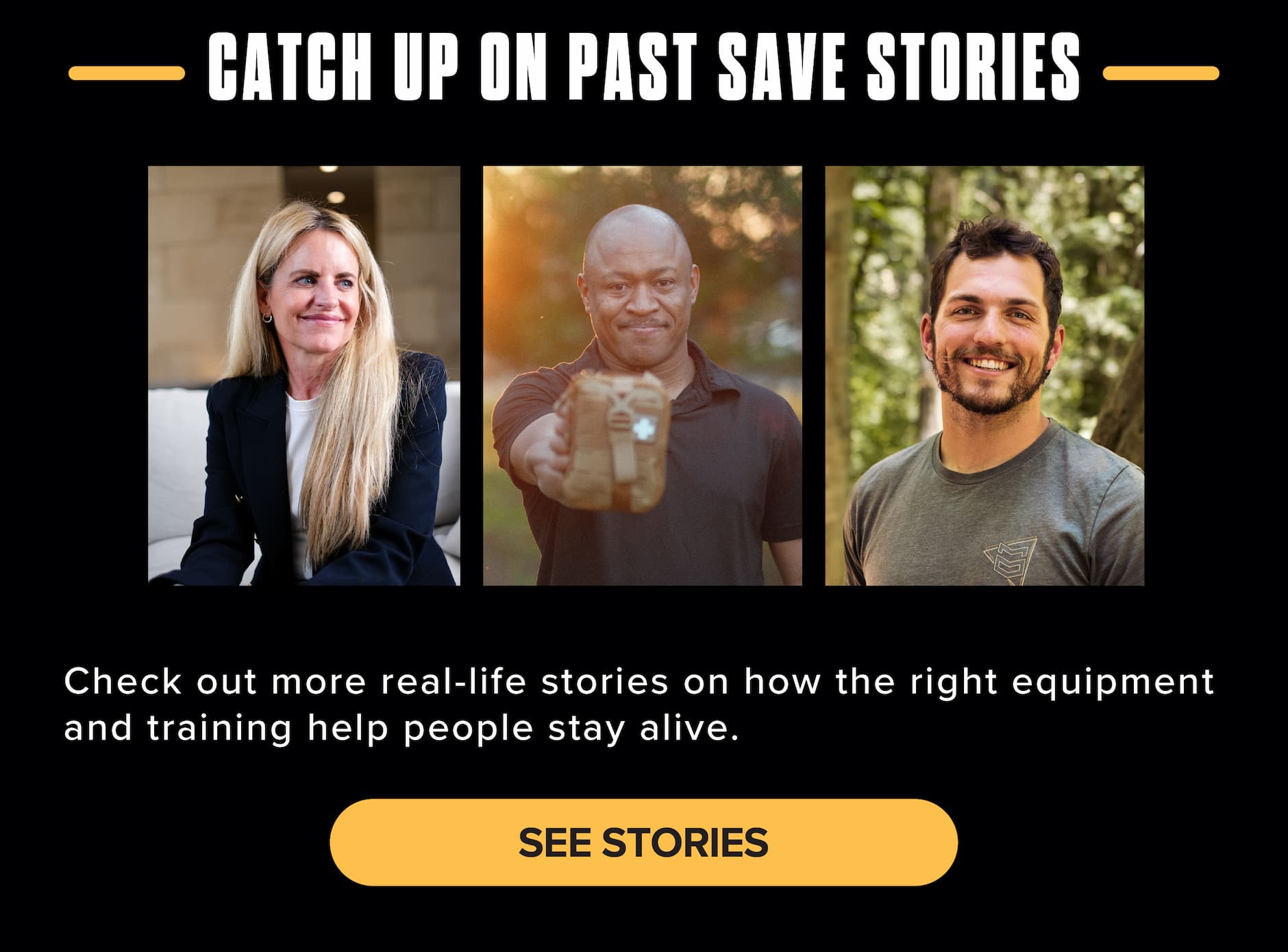 Three portrait images of past My Medic life-saving story participants above the headline “Catch Up on Past Save Stories” with a “See Stories” button.