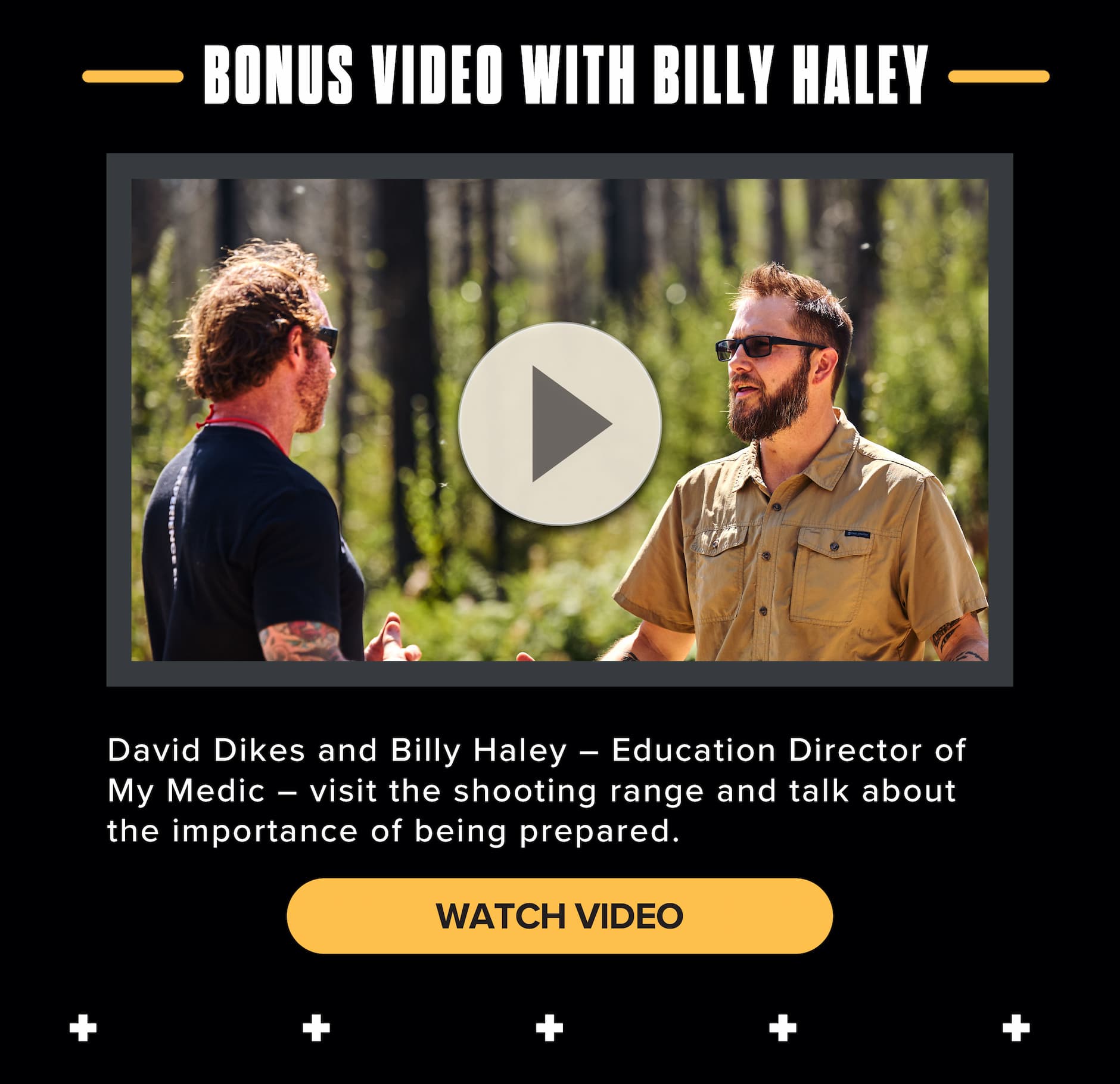 Two men talking outdoors at a shooting range with play button overlay and headline “Bonus Video with Billy Haley,” inviting viewers to watch.