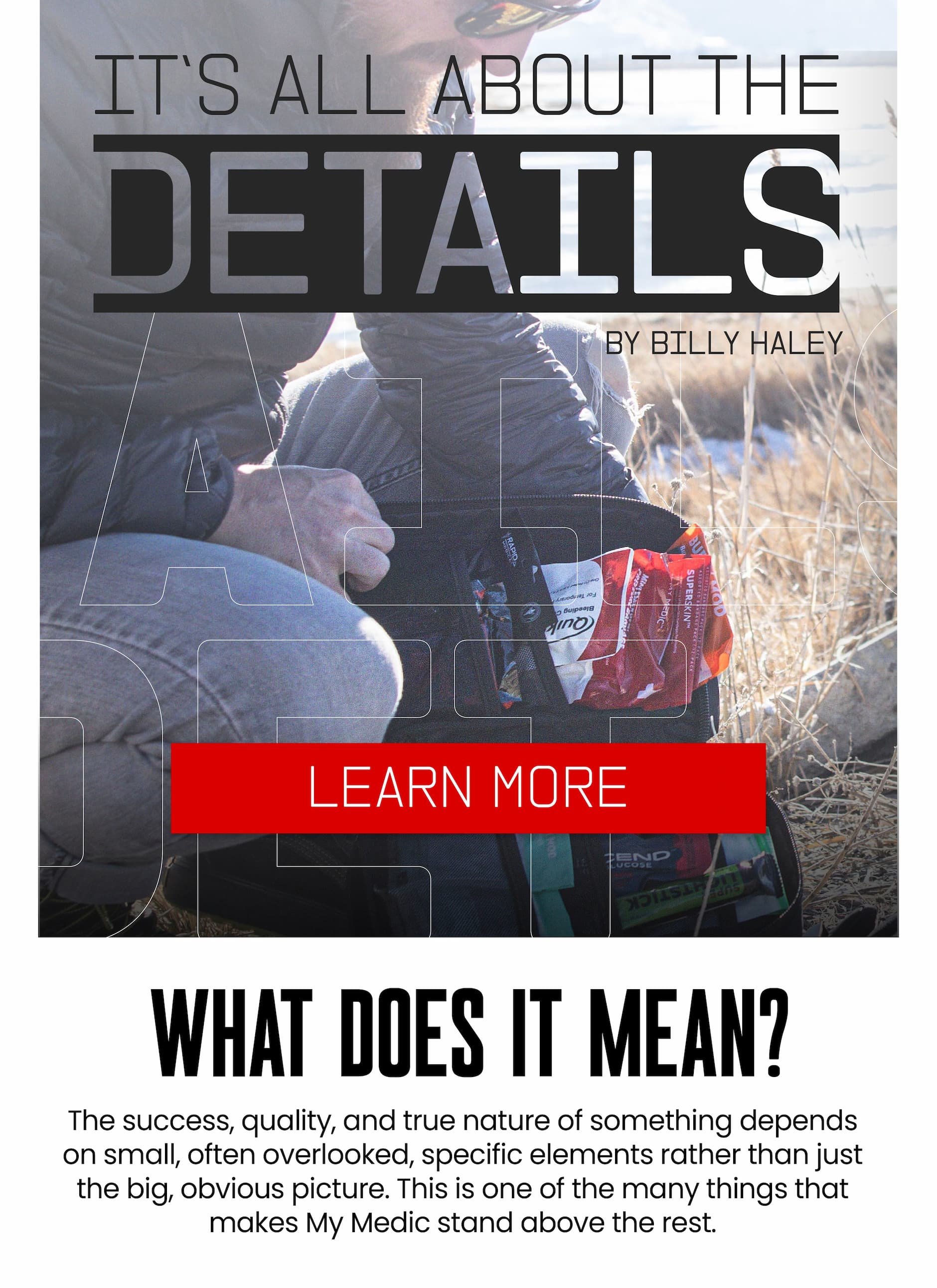 Person opening a My Medic first aid kit outdoors with message emphasizing that small details make a big difference.