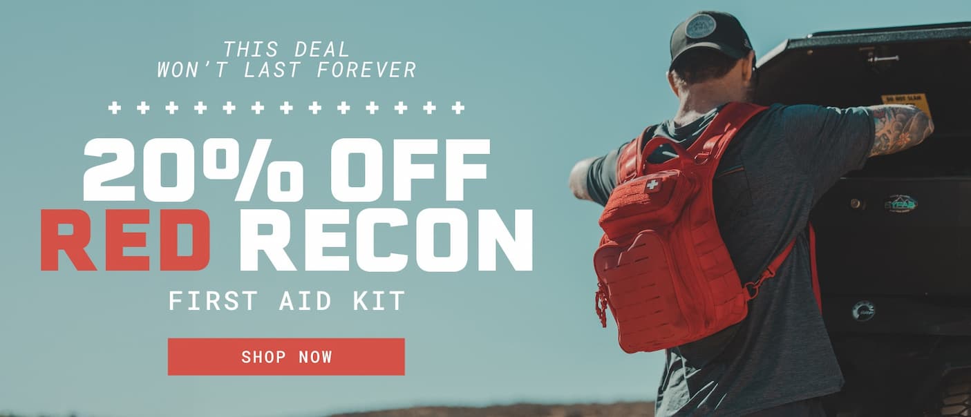 A red My Medic Recon first aid backpack while loading gear into a vehicle with text promoting “20% Off Red Recon First Aid Kit – Shop Now.”