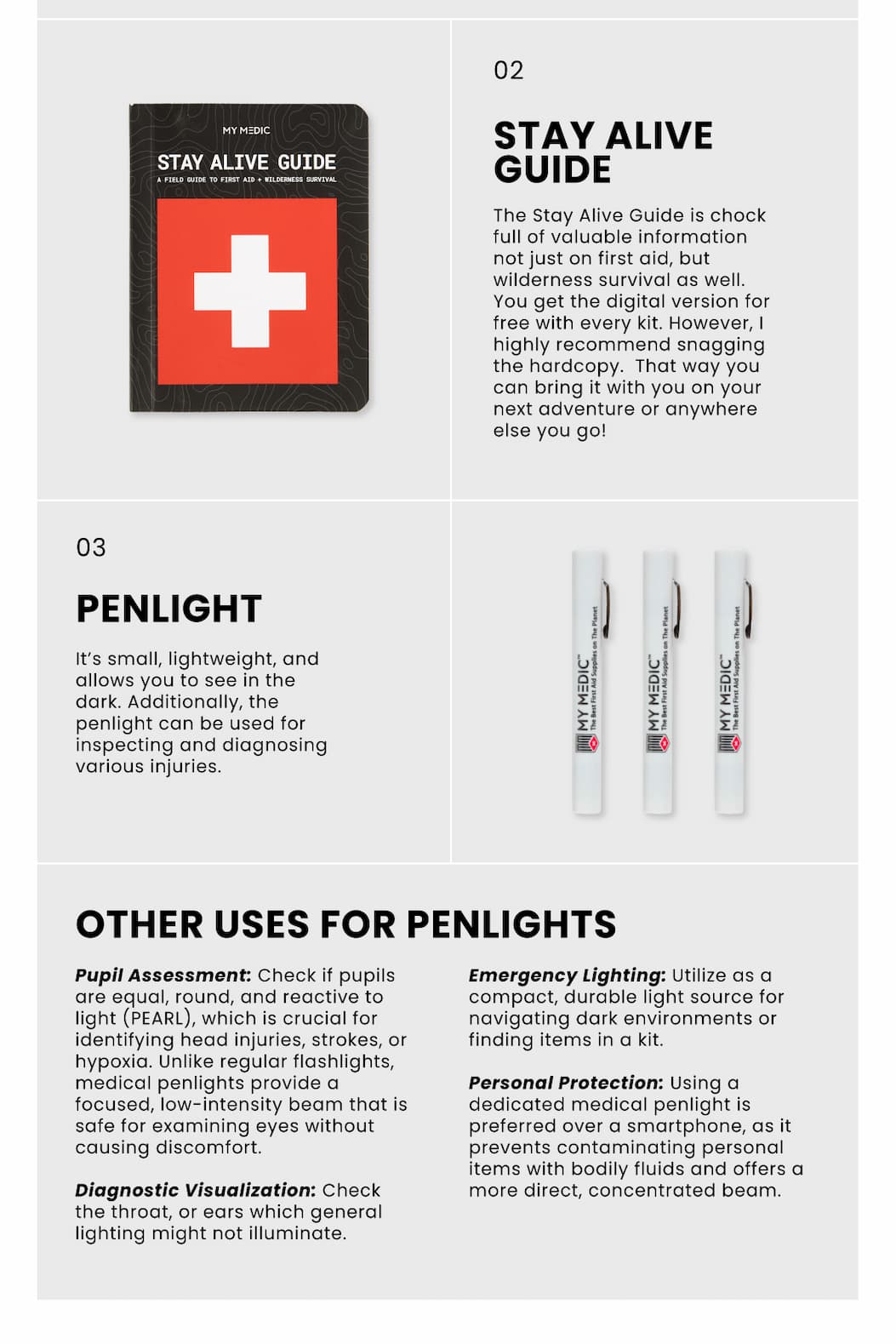 My Medic Stay Alive Guide and medical penlight tools included in first aid kits for survival guidance and injury inspection.