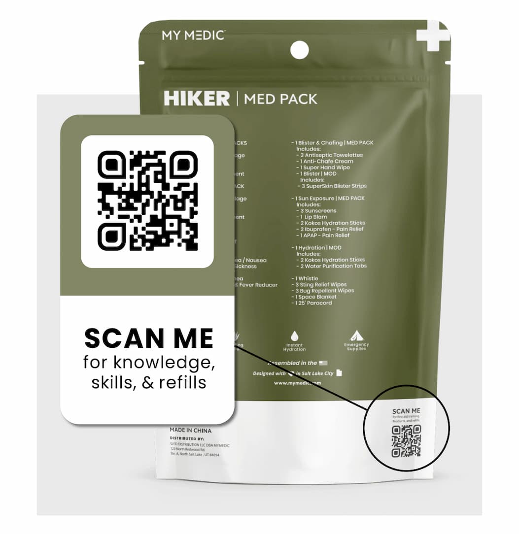 Back of My Medic Hiker Med Pack showing a QR code labeled “Scan Me for knowledge, skills, and refills,” highlighting educational resources and refill information.