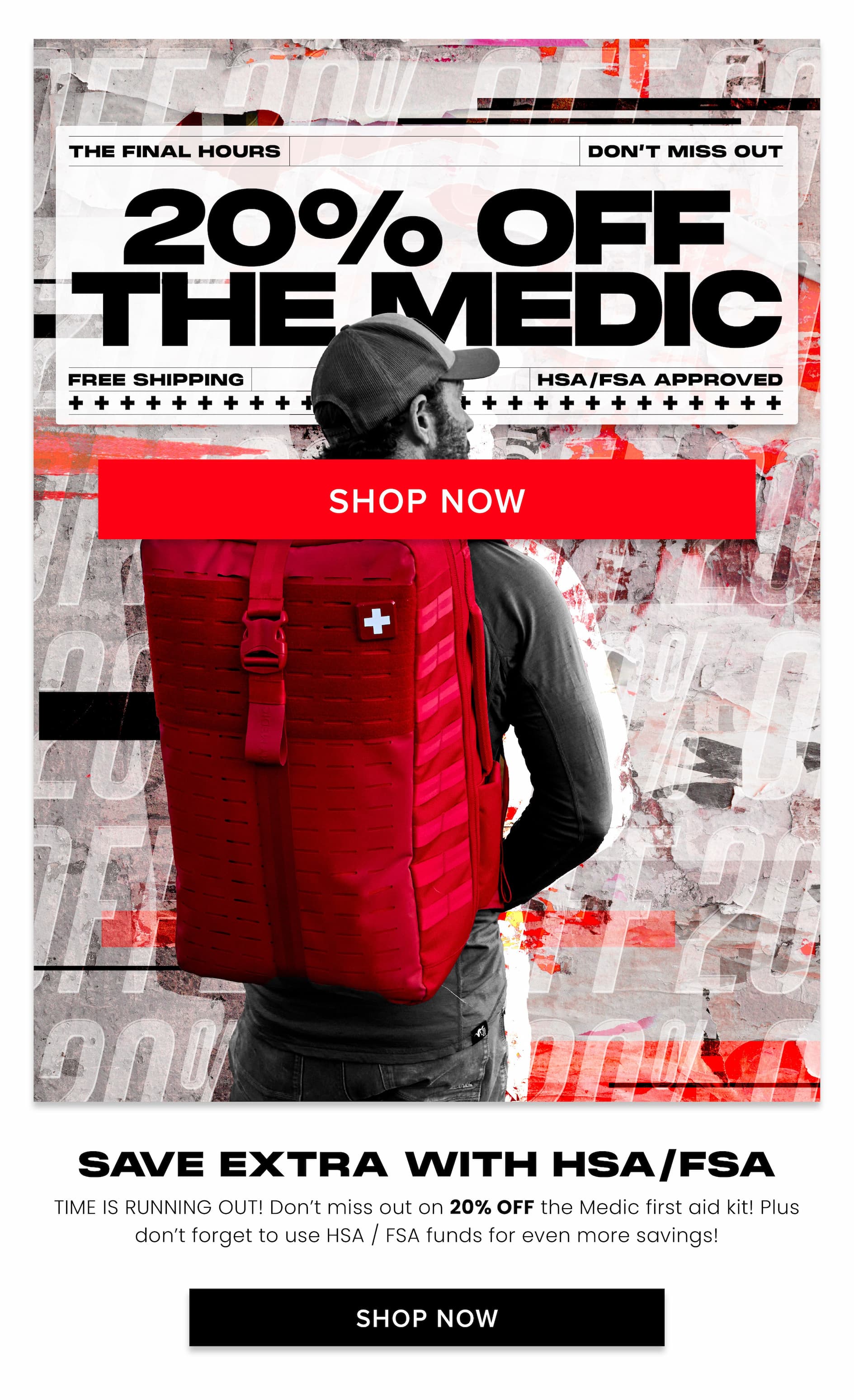 Promotion showing the My Medic “The Medic” trauma backpack with headline “20% Off The Medic,” emphasizing free shipping and HSA/FSA eligibility.
