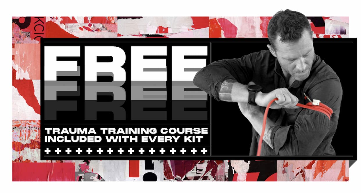 Emergency trauma training demonstration showing a man applying a tourniquet with text “Free Trauma Training Course Included With Every Kit.”