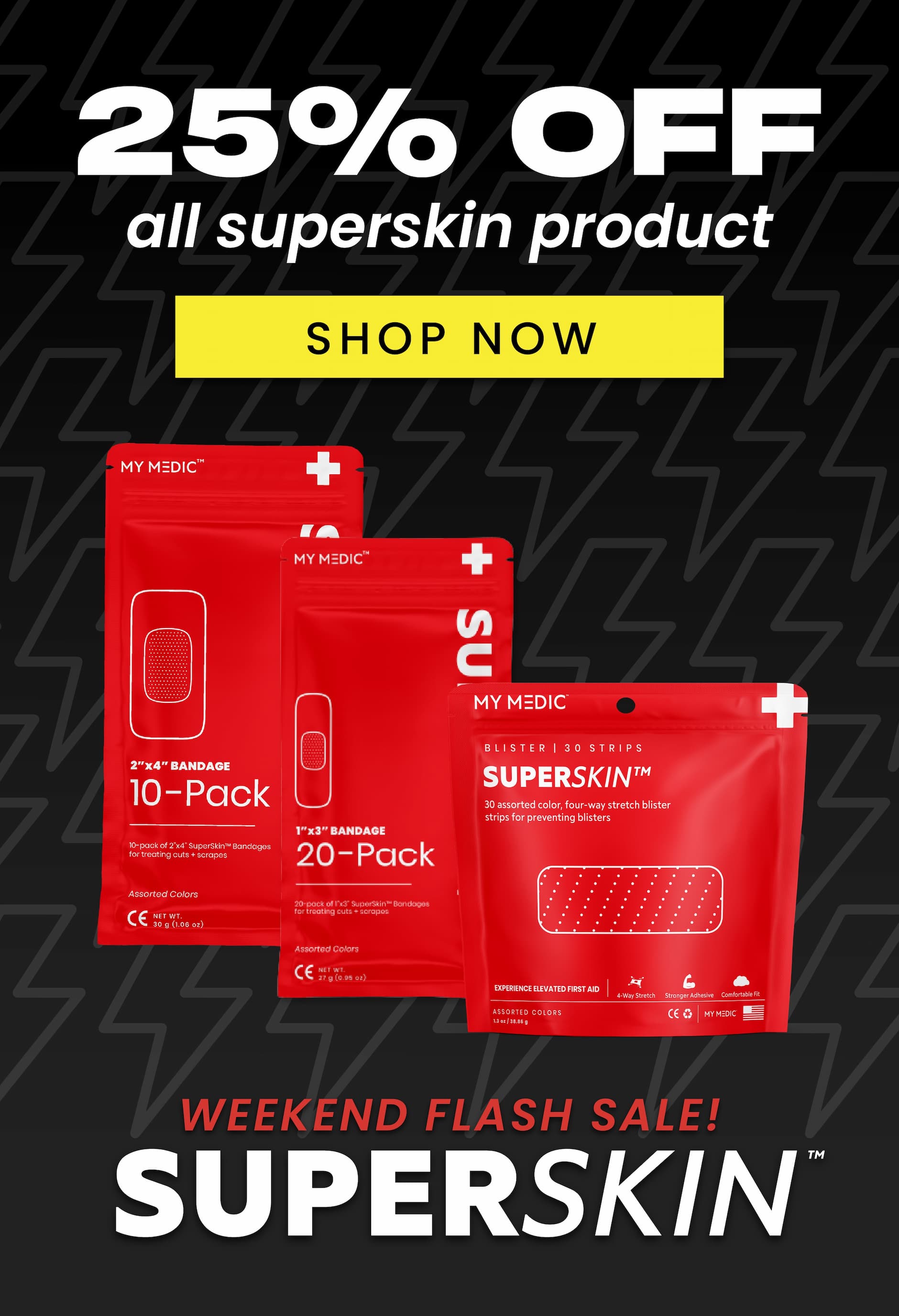 SuperSkin bandage product lineup showing multiple pack sizes with discounted prices and a red Shop Now button.