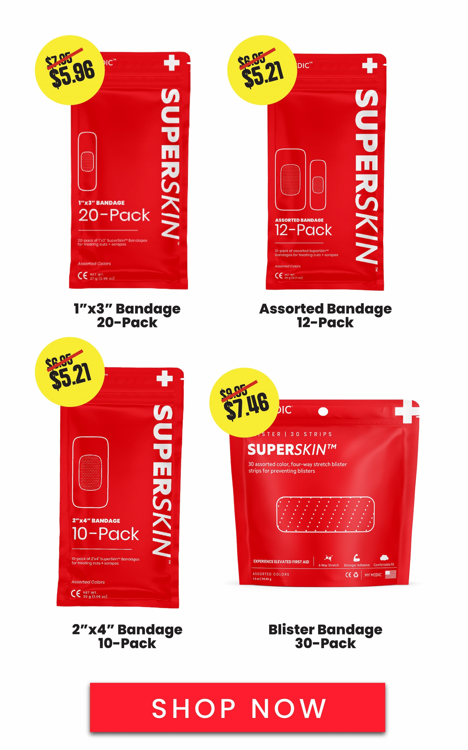 SuperSkin flash sale promotion showing multiple bandage packs with headline “25% Off all SuperSkin products” and a yellow Shop Now button.