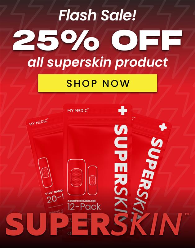 SuperSkin sale graphic showing multiple bandage packs with 25% off promotion and Shop Now button.