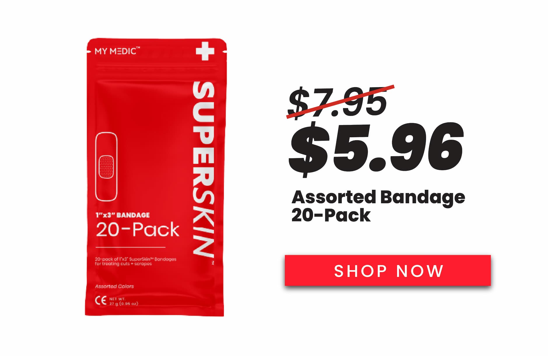 SuperSkin 20-pack bandage product showing discounted price from $7.95 to $5.96 with Shop Now button.