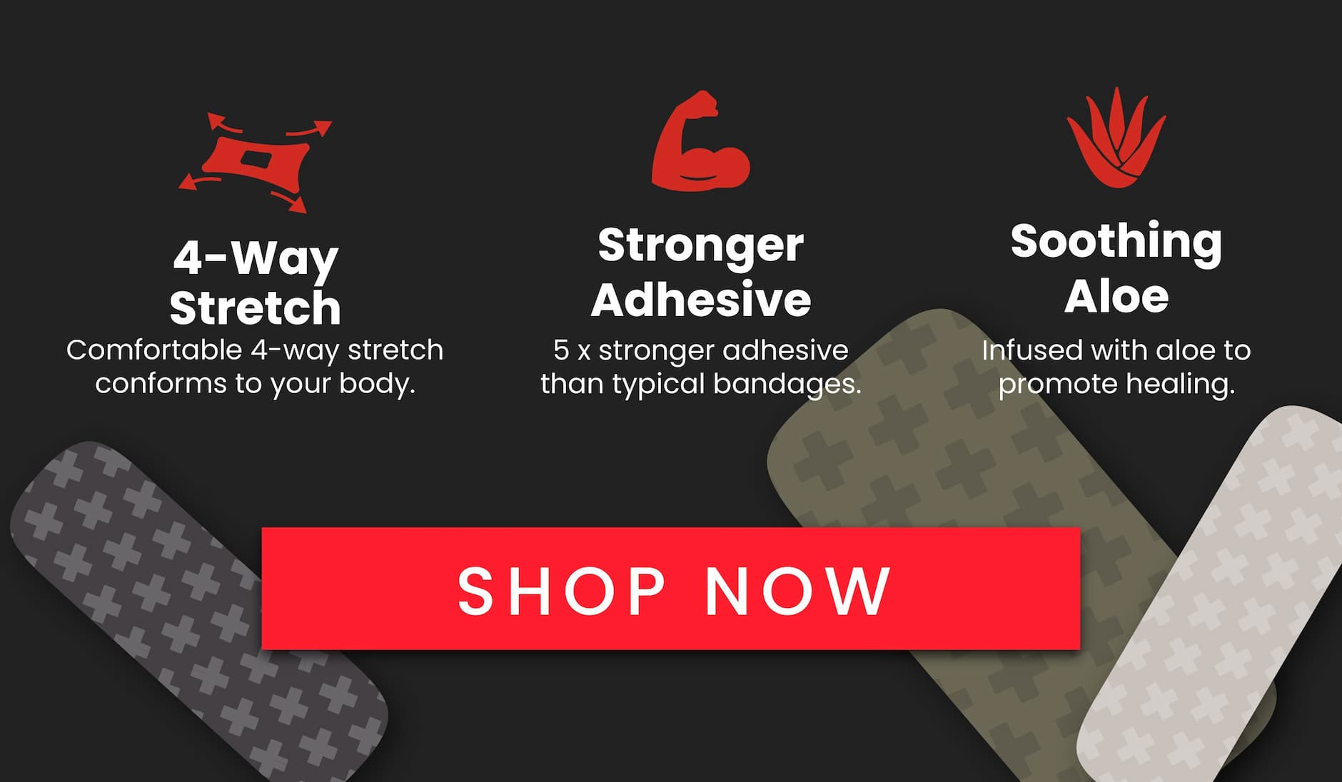 SuperSkin bandage features including 4-way stretch, stronger adhesive, and soothing aloe with a Shop Now button.