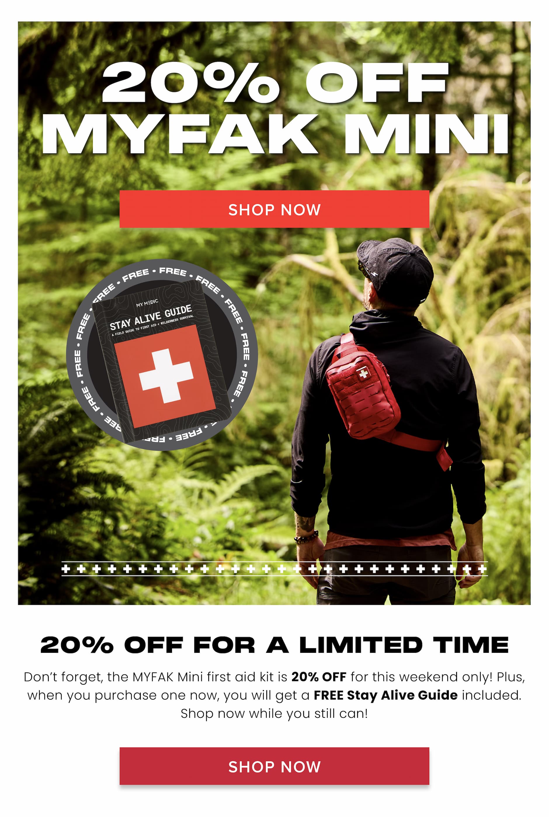 20% off MyFAK Mini first aid kit with organized medical supplies, highlighting compact design and premium components & free Stay Alive Guide.