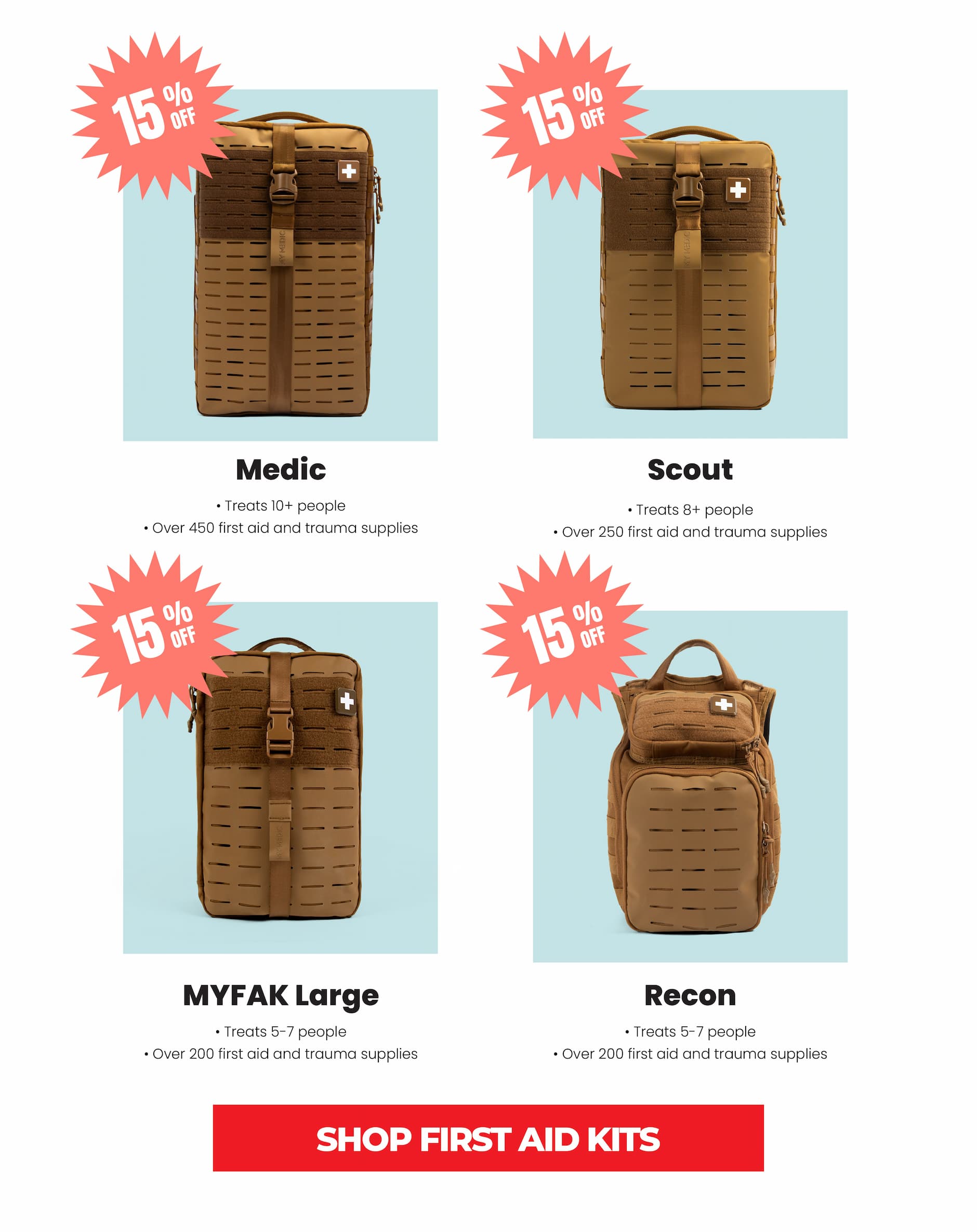 15% off Medic, Scout, MYFAK Large, and Recon first aid kits.