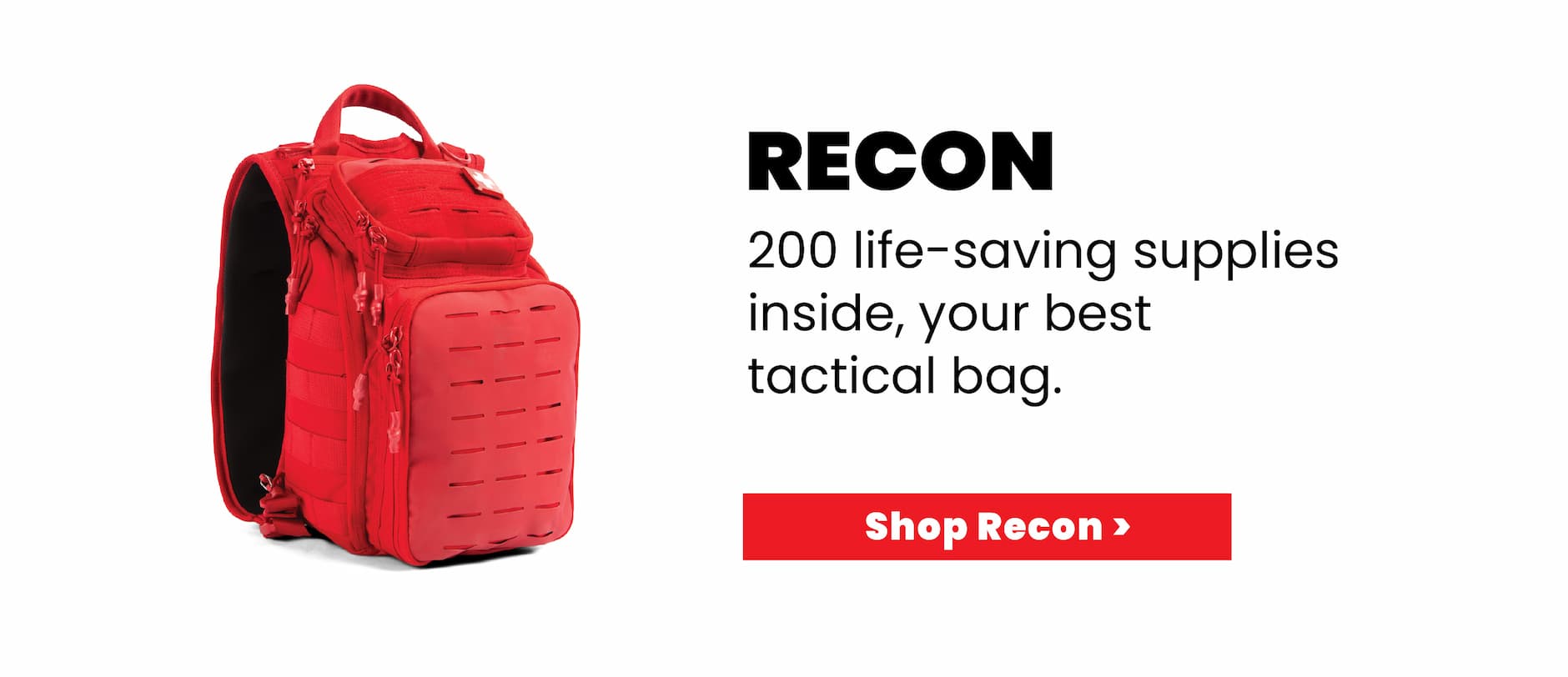 Recon first aid kit with 200 life-saving supplies in a tactical backpack.