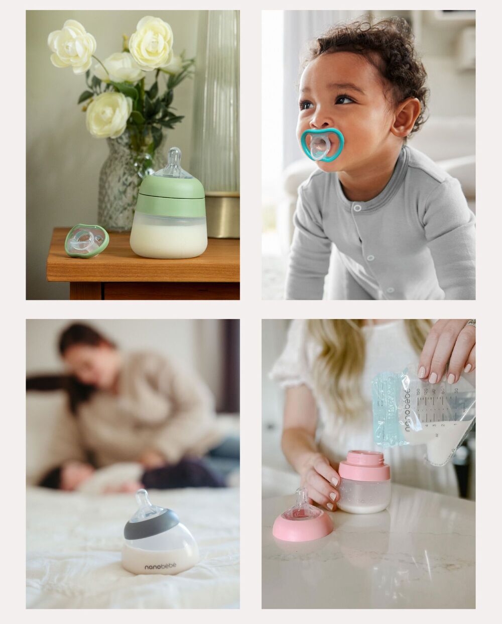 Grid of images showing parents and babies with Nanobébé products.