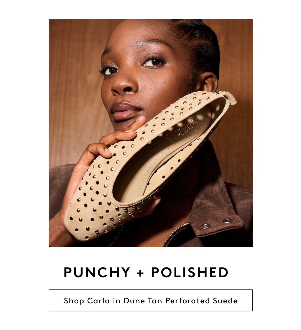 Punchy + Polished | Shop Carla In Dune Tan Perforated Suede