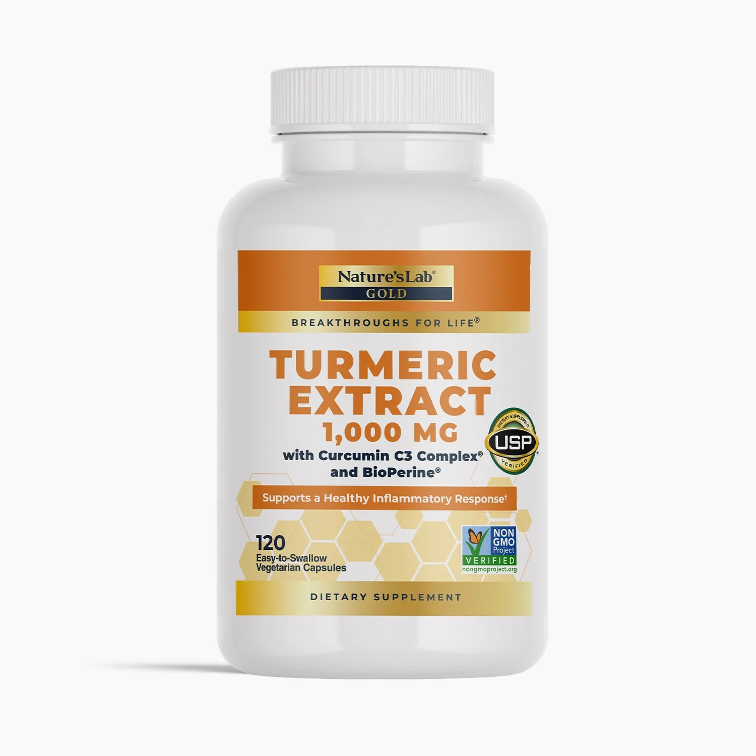 Image of Nature's Lab Gold Turmeric Extract with Curcumin C3 Complex and BioPerine  - 120 Capsules