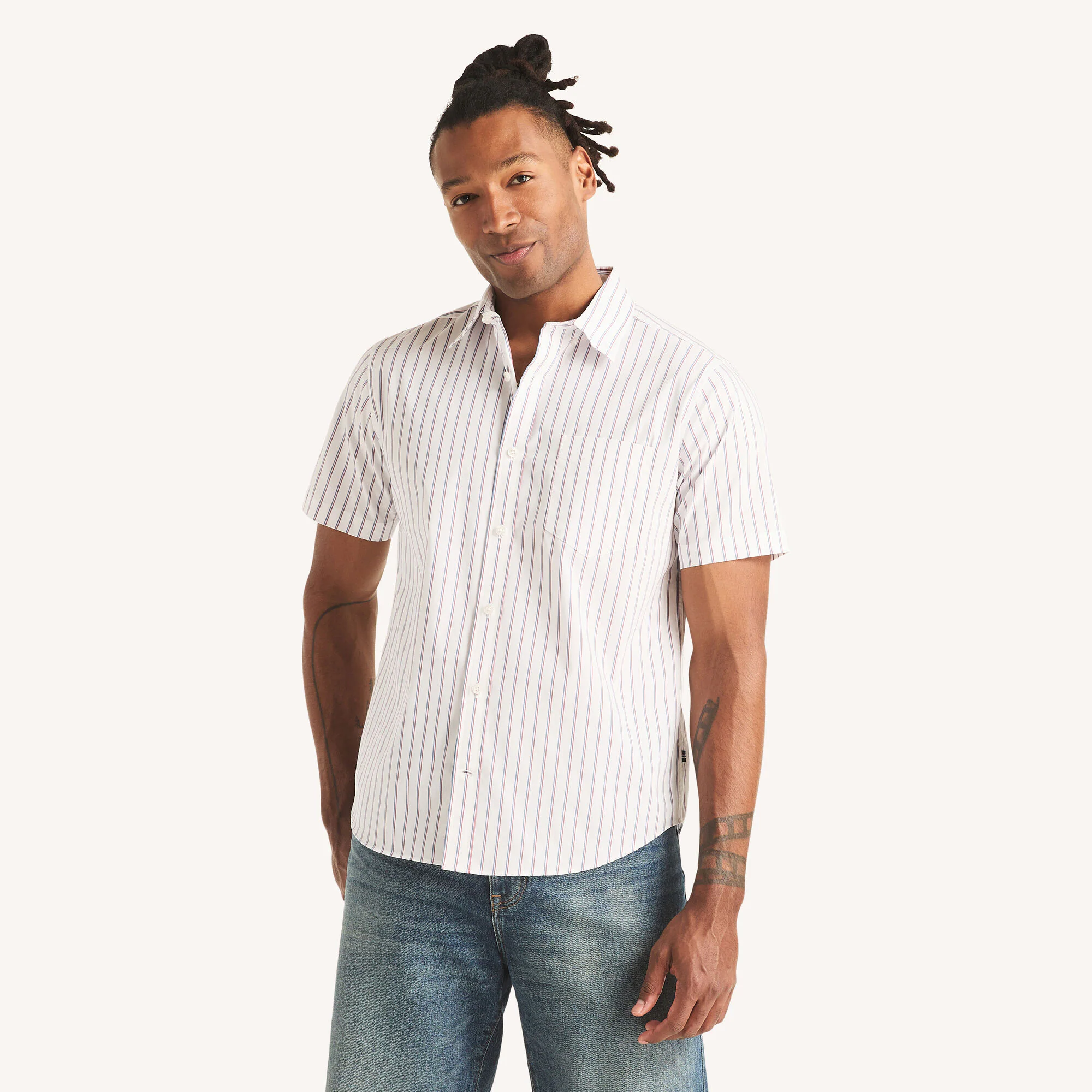 Image of Wrinkle Resistant Classic Fit Short-Sleeve Striped Shirt