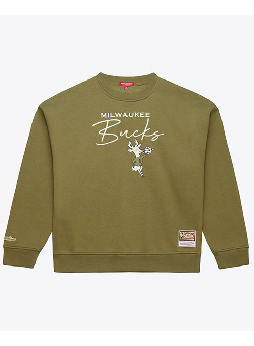 Women's Mitchell & Ness HWC '68 Olive Milwaukee Bucks Crewneck Sweatshirt
