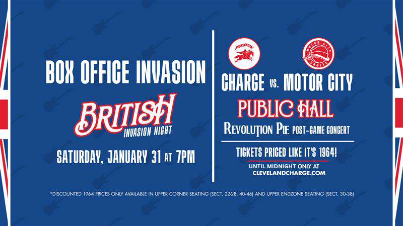 Charge Box Office Invasion: Charge vs Motor City at Public Hall on Saturday, Jan 31 at 7 pm. Tickets priced like it's 1964. Click to find tickets