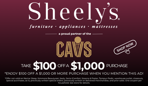 Sheely's furniture, appliances, and mattresses. Take $100 off a $1000 purchase wehn you mention this ad.