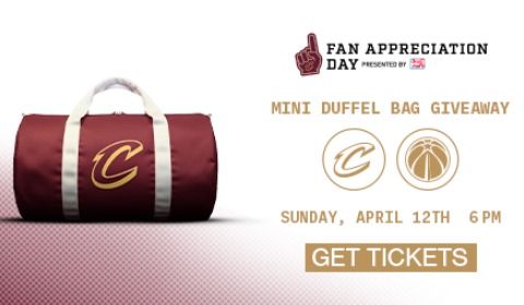 Fan Appreciation Day presented by Discount Drug Mart. Mini Duffel Bag giveaway. Cavs vs Wizards on Sunday, April 12 at 6 pm. Click to get tickets.