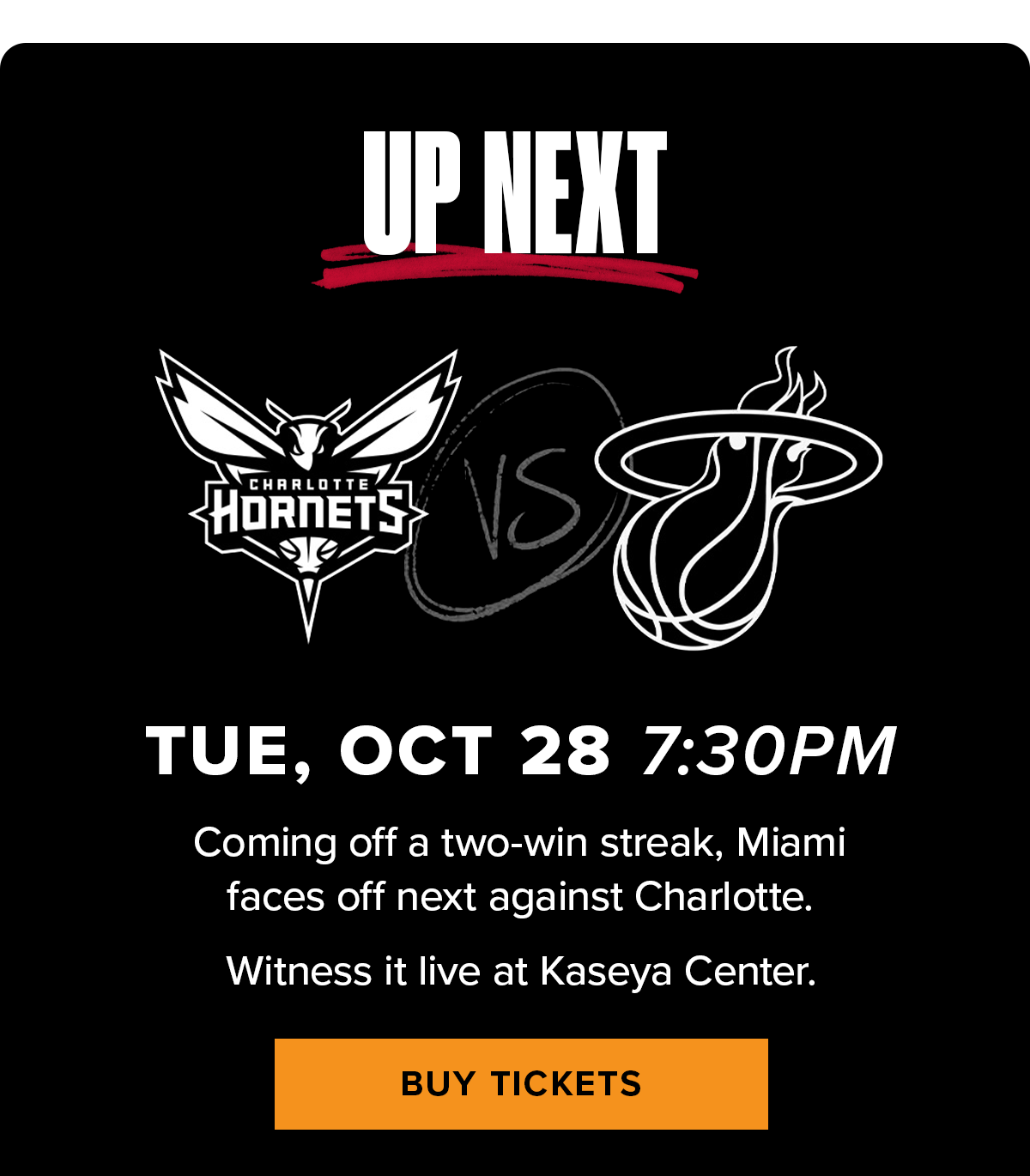 Up Next | Hornets vs HEAT | Oct 28 | Get Tickets
