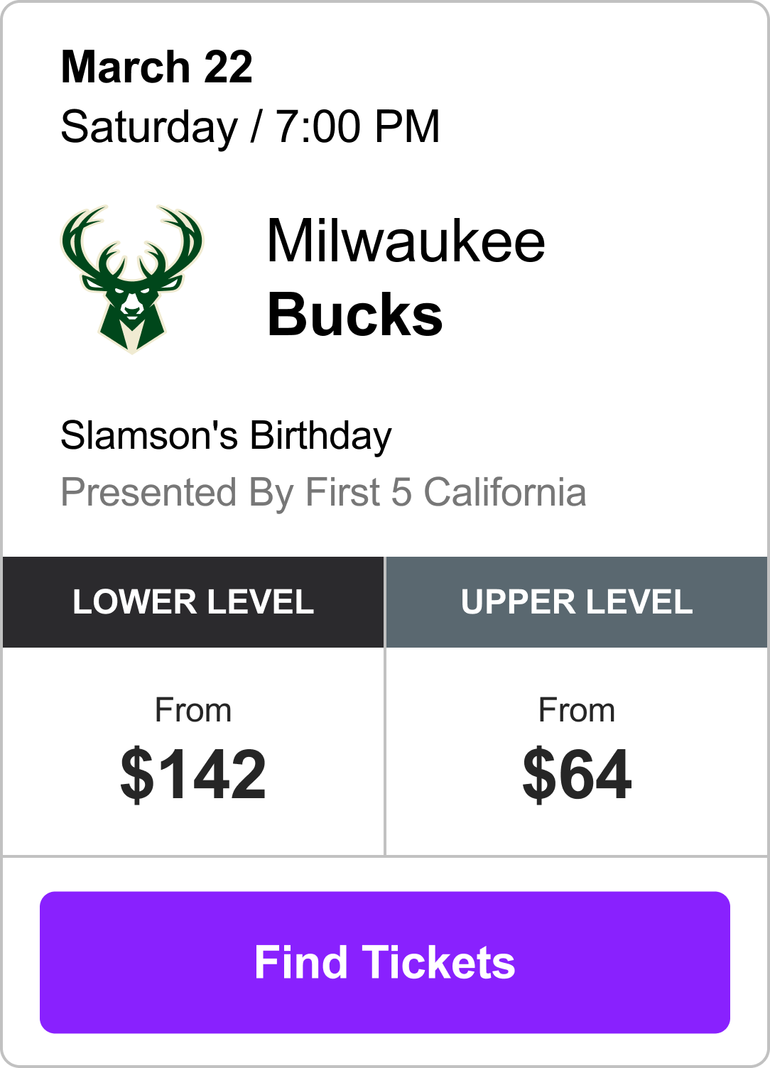 Find Tickets - Bucks vs. Kings