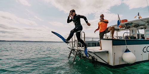 A person in a wetsuit and flippers steps off a boat into the water, while another person stands on the boat and gestures.