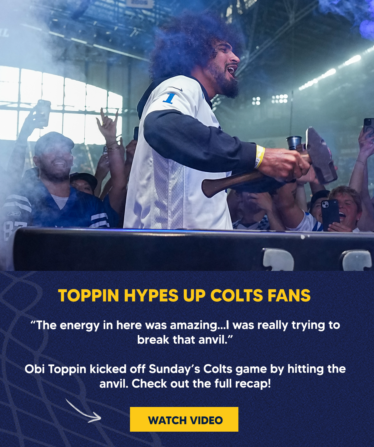 “The energy in here was amazing…I was really trying to break that anvil.”   Obi Toppin kicked off Sunday’s Colts game by hitting the anvil. Check out the full recap!