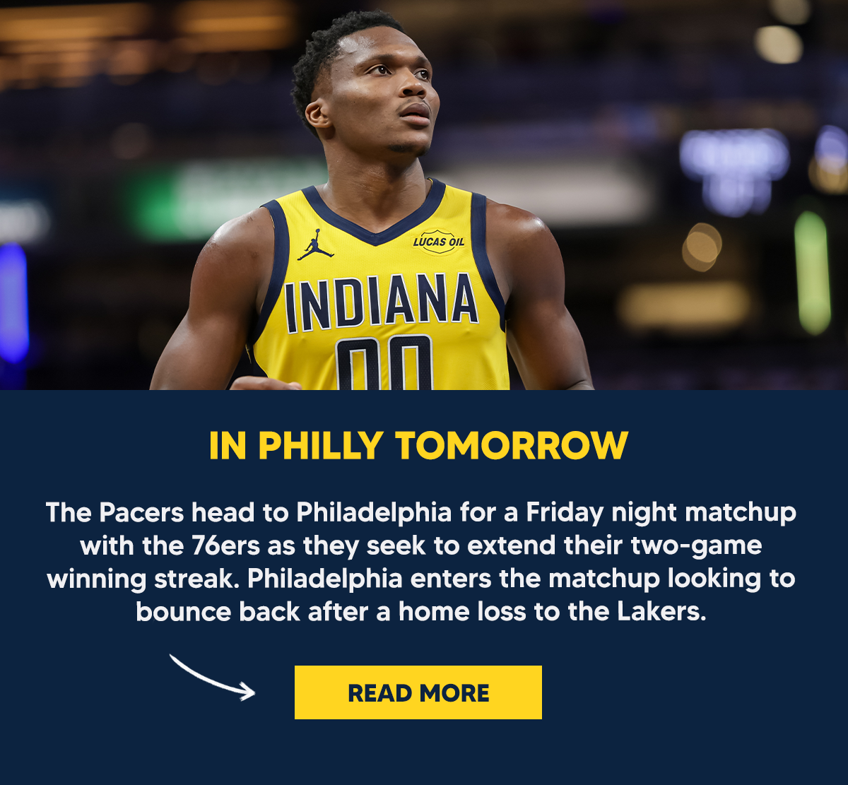 The Pacers head to Philadelphia for a Friday night matchup with the 76ers as they seek to extend their two-game winning streak. Philadelphia enters the matchup looking to bounce back after a home loss to the Lakers.