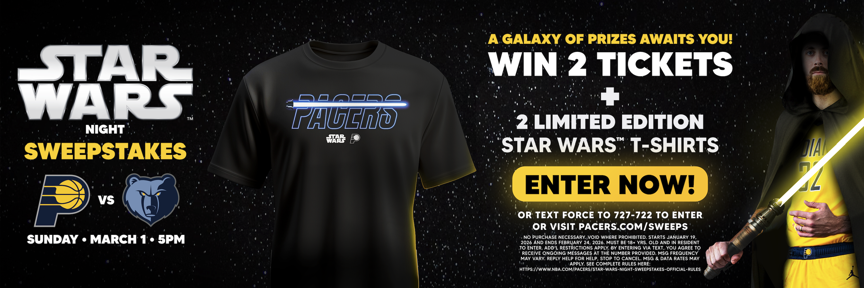 Enter our 2026 Pacers Star Wars™ Night Sweepstakes for a chance to win two tickets to Pacers vs. Grizzlies and two limited-edition Star Wars™ T-shirts!