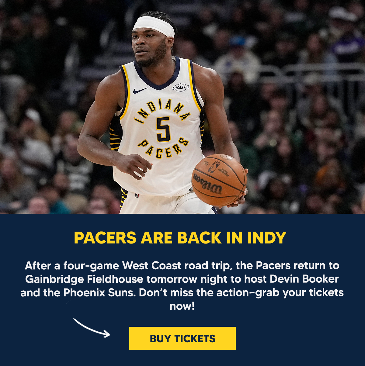 After a four-game West Coast road trip, the Pacers return to Gainbridge Fieldhouse tomorrow night to host Devin Booker and the Phoenix Suns. Don’t miss the action—grab your tickets now!