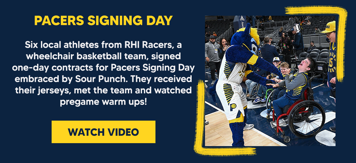 Six local athletes from RHI Racers, a wheelchair basketball team, signed one-day contracts for Pacers Signing Day embraced by Sour Punch. They received their jerseys, met the team and watched pregame warm ups!