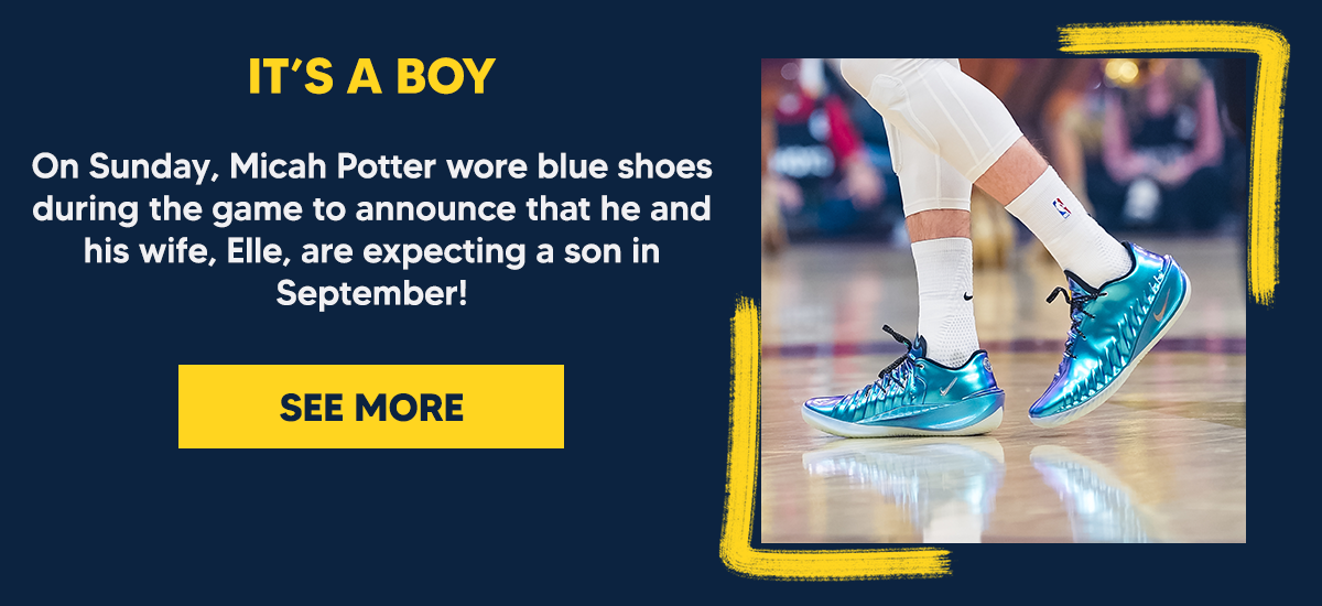On Sunday, Micah Potter wore blue shoes during the game to announce that he and his wife, Elle, are expecting a son in September!