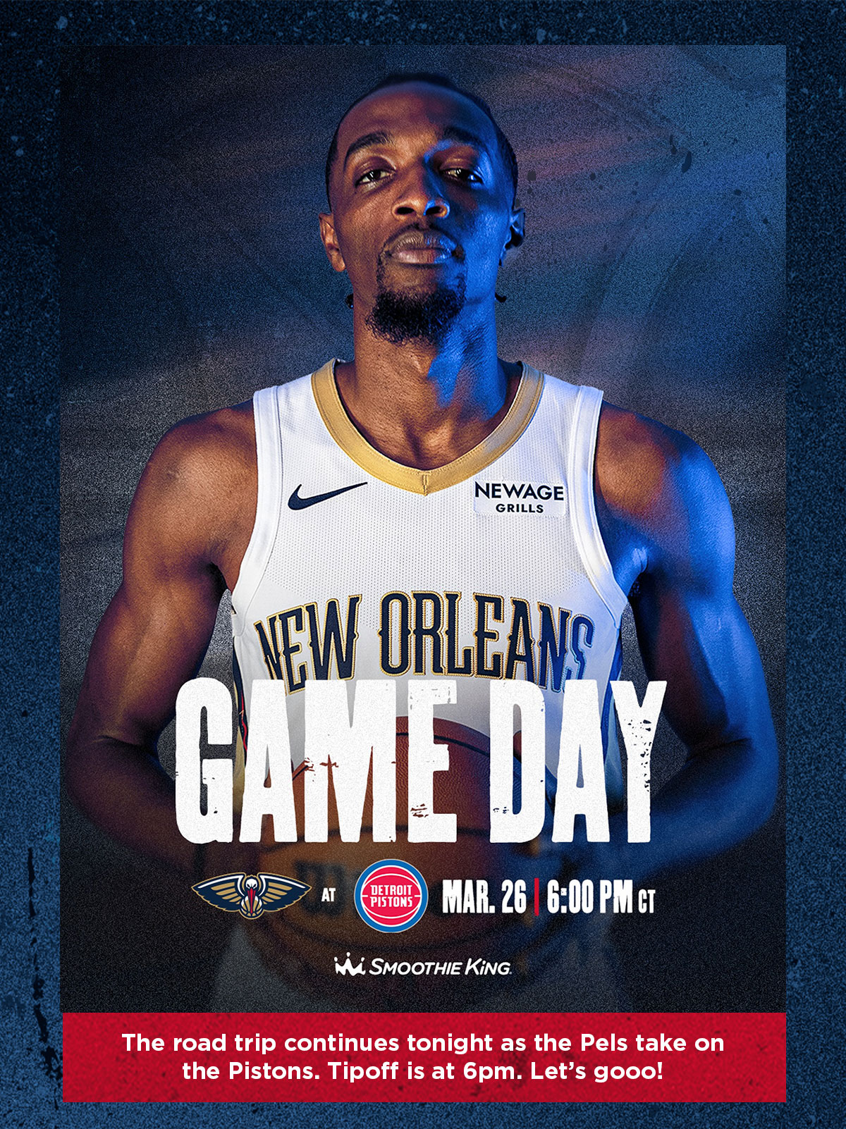 The road trip continues tonight as the Pels take on the Pistons. Tipoff is at 6pm. Let's gooo!