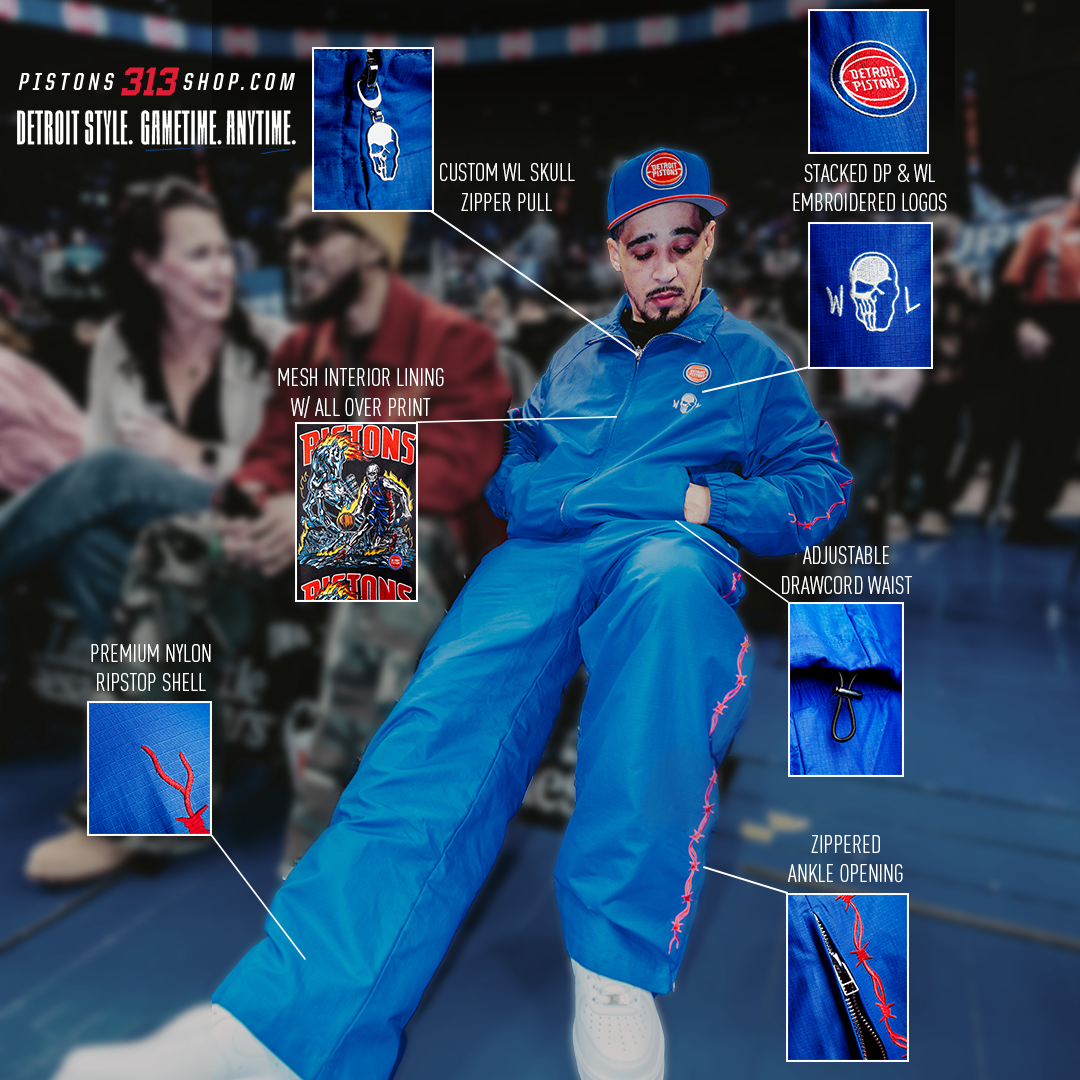 DETROIT STYLE. GAMETIME. ANYTIME. | WARREN LOTUS TRACKSUIT | PREMIUM NYLON RIPSTOP SHELL | MESH INTERIOR LINING W/ ALL OVER PRINT | CUSTOM WL SKULL ZIPPER PULL | STACKED DP & WL EMBROIDERED LOGOS | ADJUSTABLE DRAWCORD WAIST | ZIPPERED ANKLE OPENING