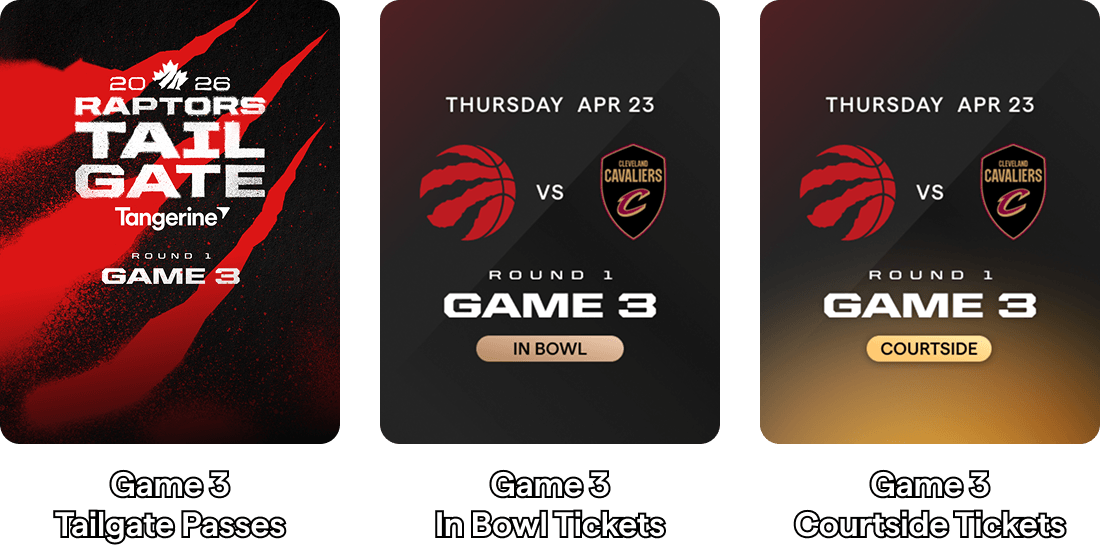 Graphic tiles that show: GAME 3 TAILGATE PASSES | GAME 3 IN BOWL TICKETS | GAME 3 COURTSIDE TICKETS