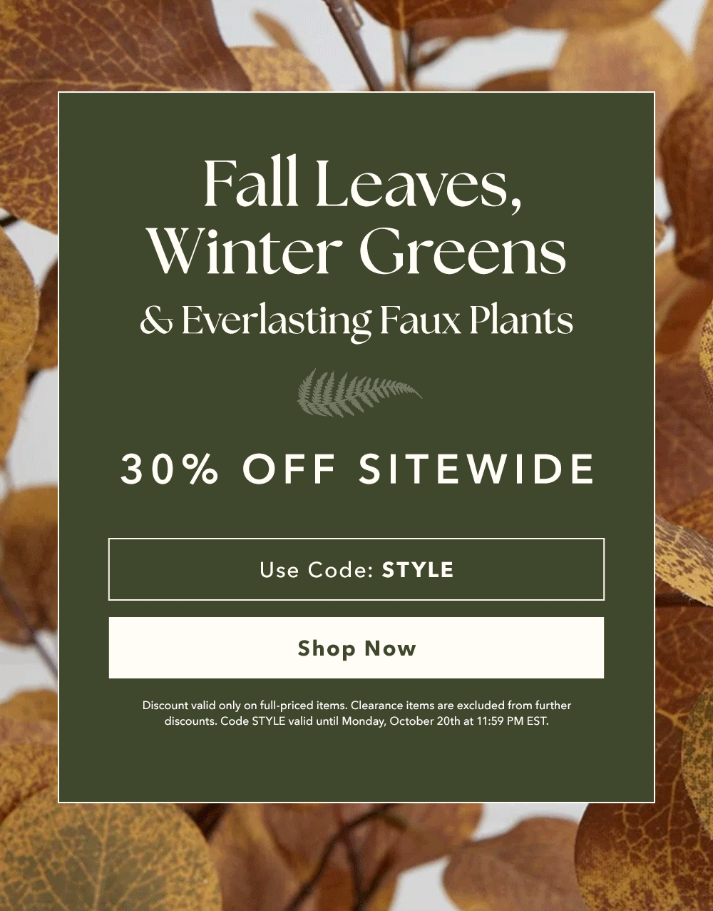 Fall Leaves, Winter Greens, & Everlasting Faux Plants - 30% OFF SITEWIDE