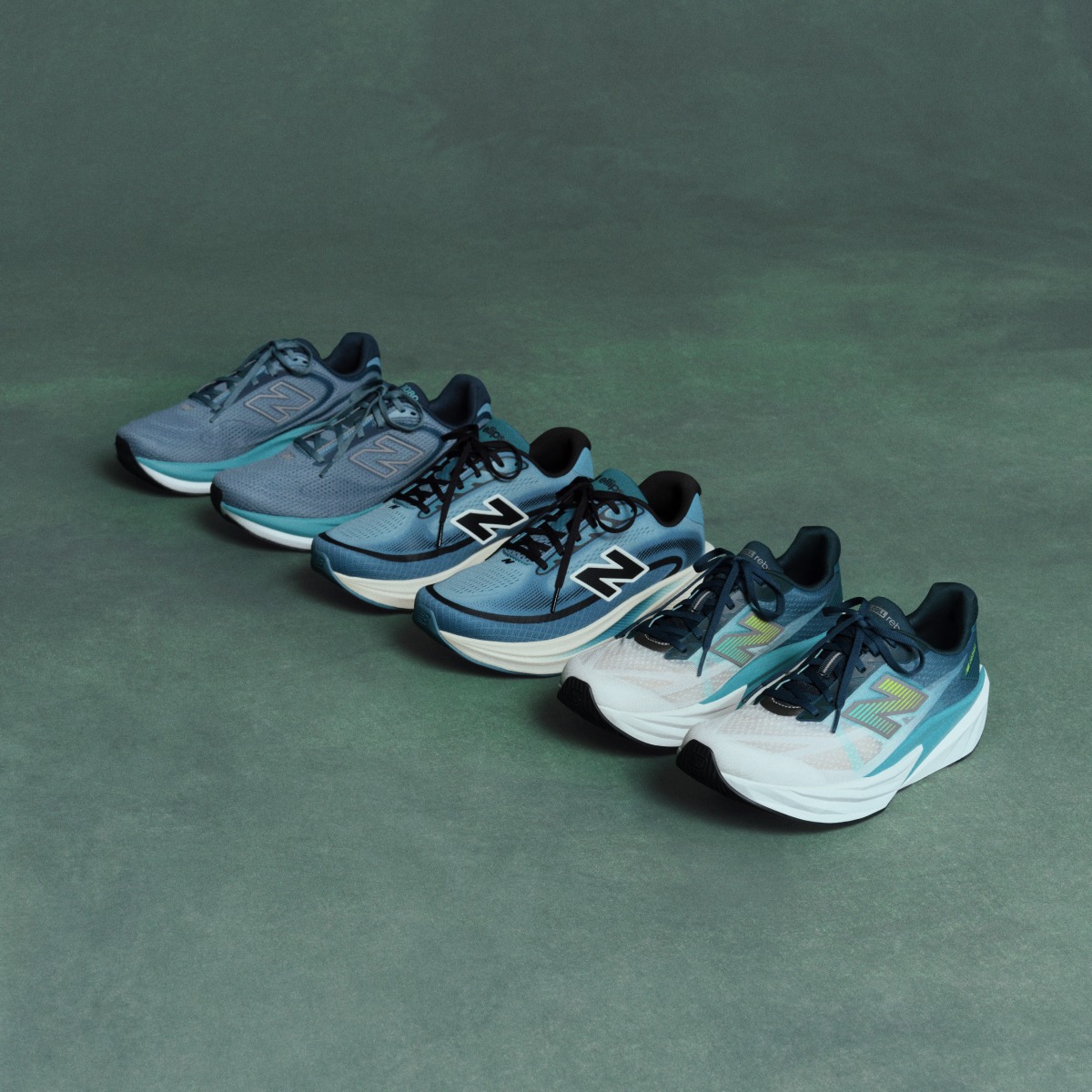 Lineup of green New Balance sneakers on a dark green background.