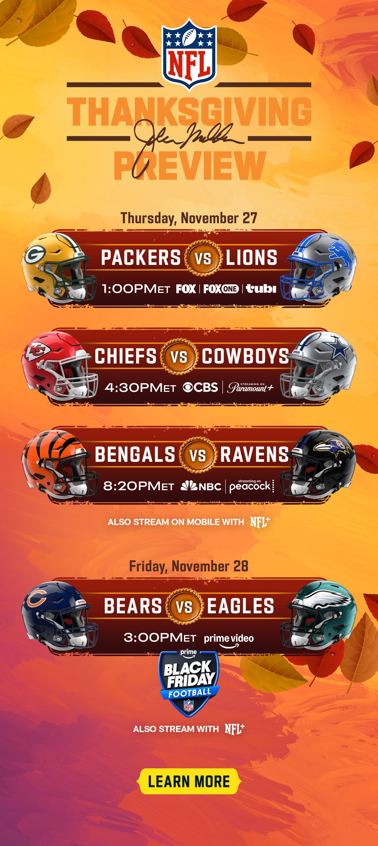 Thanksgiving Preview Games. Learn More. 