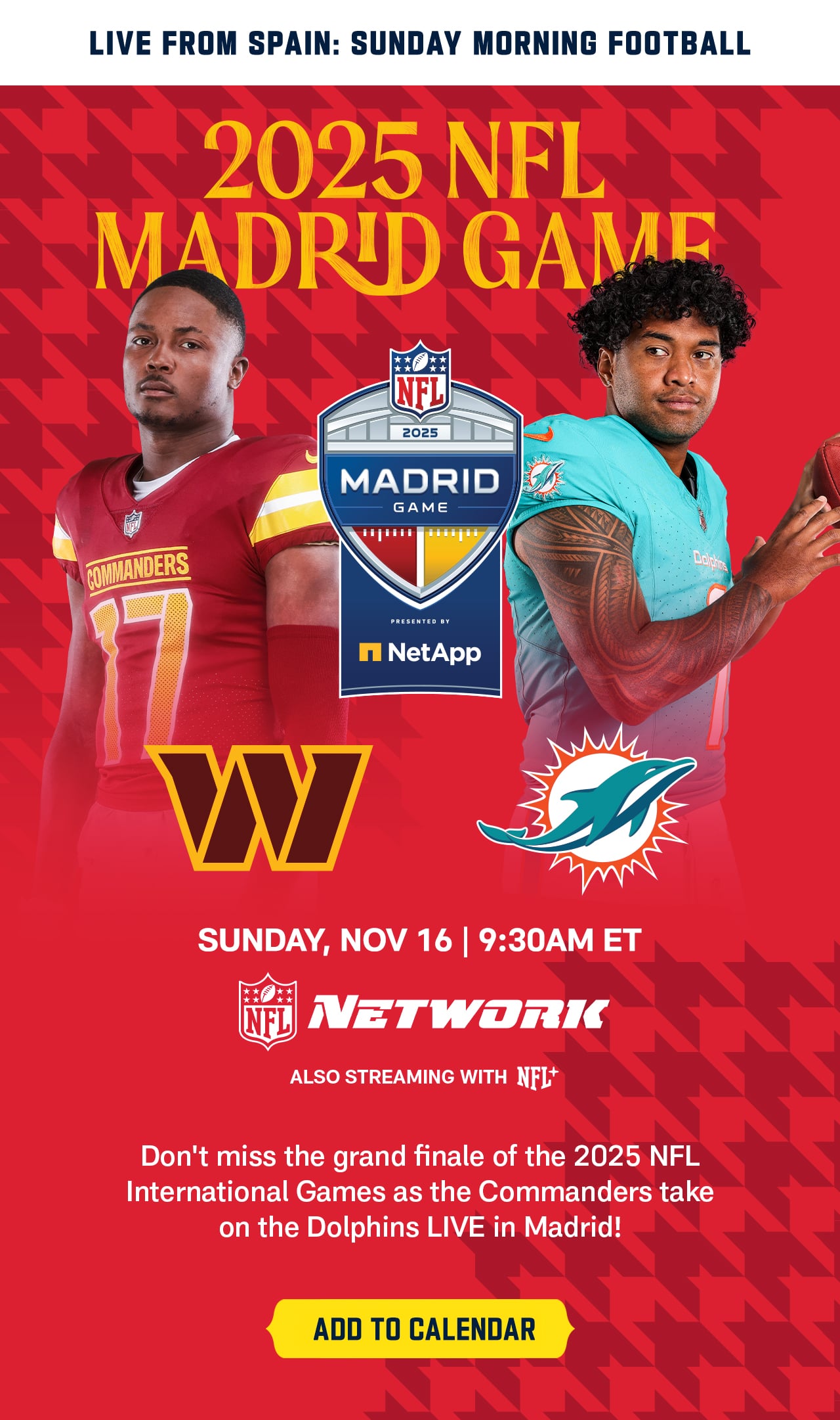 Live From Spain: Sunday Morning Football - Commanders Vs Dolphins - Add To Calendar