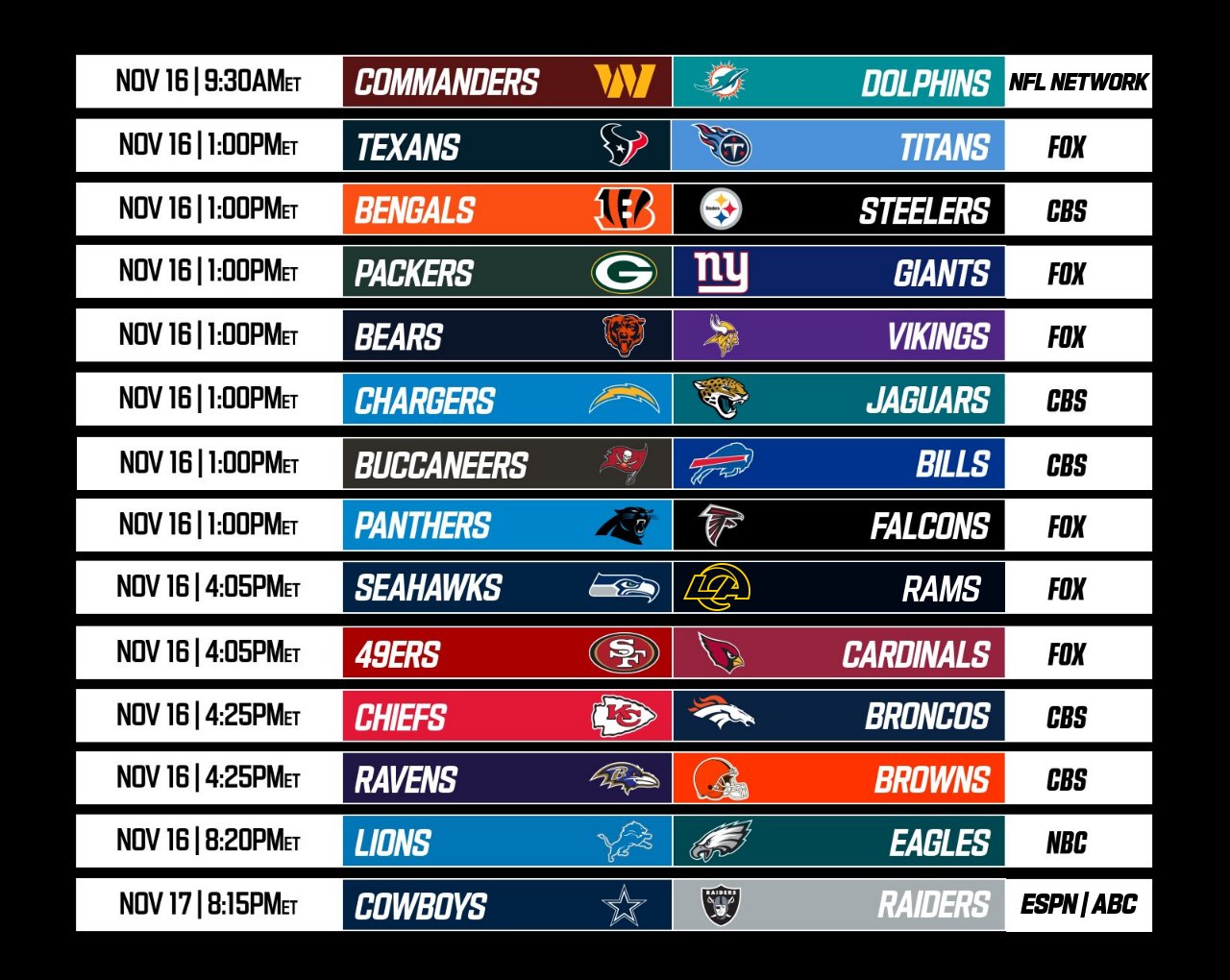 Week 11 Full Game Schedule